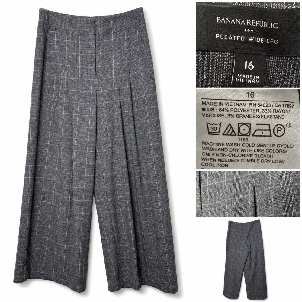 Banana Republic Size 16 Gray Plaid Pleated Wide Leg Pants Trousers Pockets